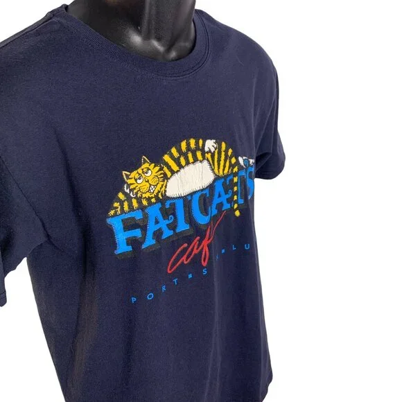 Vintage Mens FatCats Cafe Port San Luis Crewneck Short Sleeve Size S Drk Blue - Picture 2 of 4